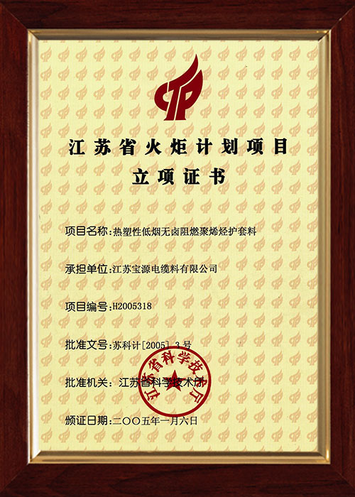江蘇省火炬計(jì)劃項(xiàng)目立項(xiàng)證書
