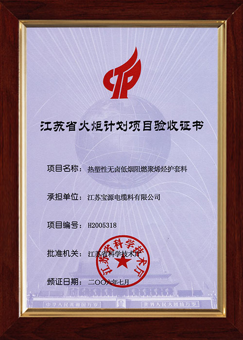 江蘇省火炬計(jì)劃項(xiàng)目驗(yàn)收證書